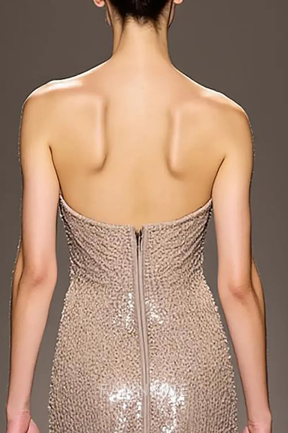 FannyWe Simple Sparkly Champagne Strapless Backless Long Sequin Evening Dress